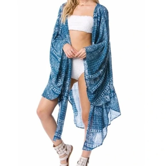 Amuse Society Evermore Blue Kimono Cardigan Swim Coverup Boho Kimono XS/S - Picture 11 of 11
